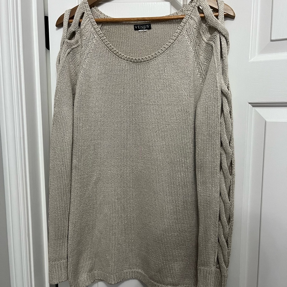 VENUS Beige Cold-Shoulder Cable Sleeve Knit Sweater